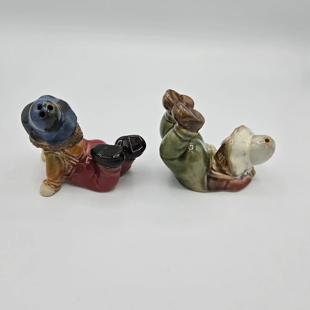 Vintage Pair‎ Porcelain Scarecrow Figurines Salt and Pepper Shakers Boy Girl
